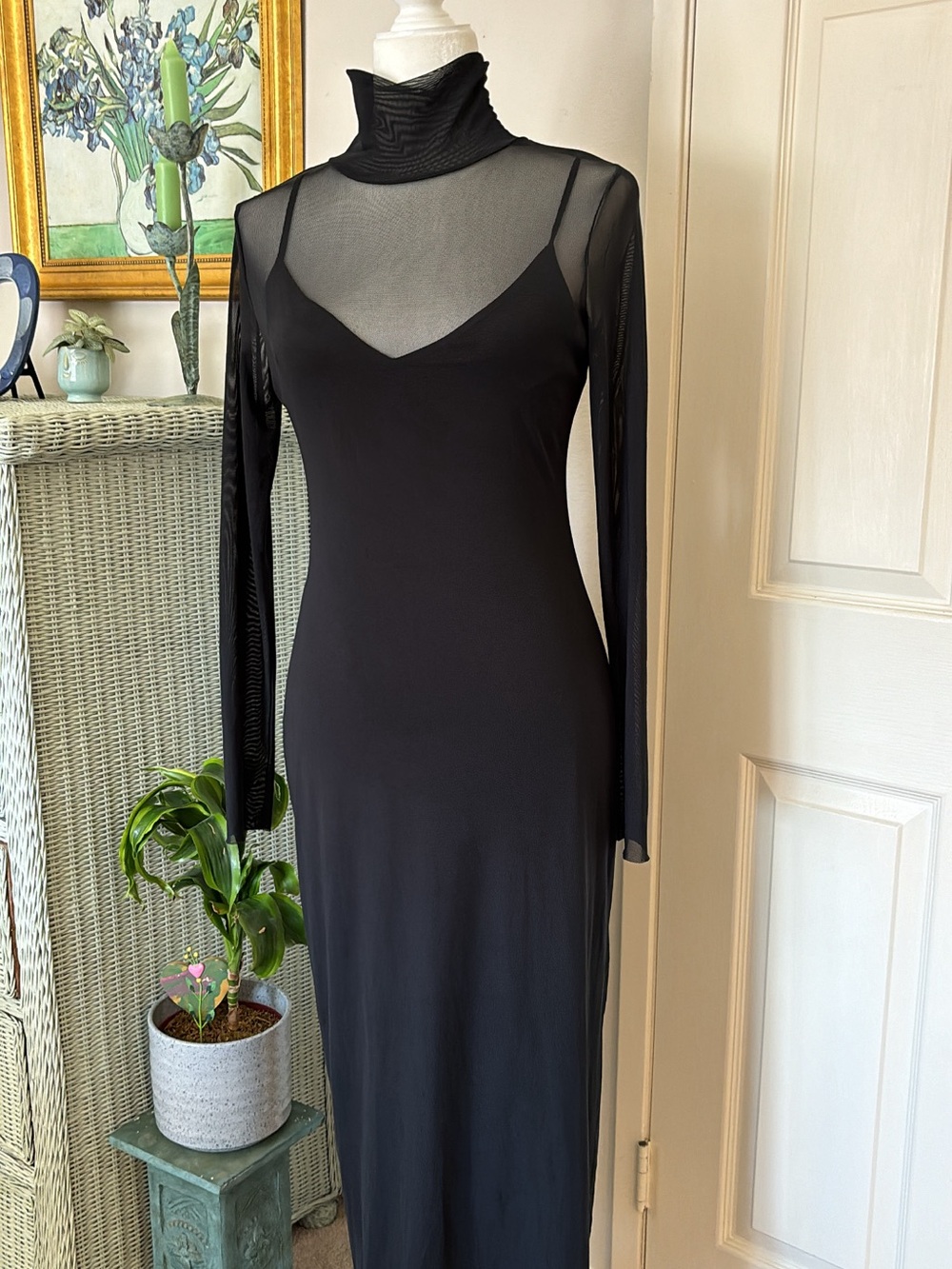 Black Sheer Yoke Long Sleeve Maxi Dress